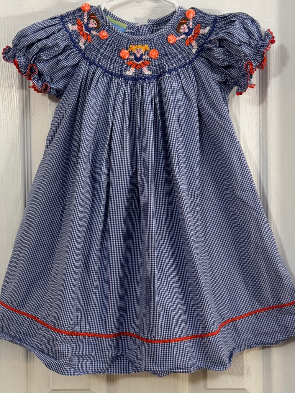 Velani Classics Baby Girl Blue Gingham Smocked Dress with Red Trim Short Sleeve